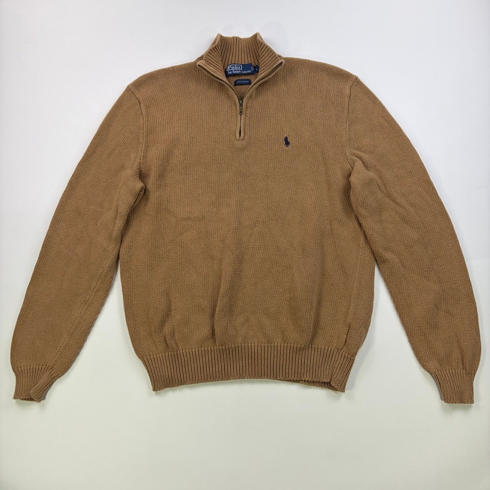 Polo Ralph Lauren Quarter-Zip Sweater Mens Large Tan Brown 100% Cotton Ribbed